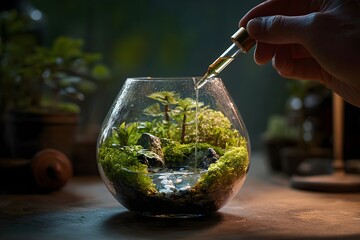 Hand gently dropping water into a closed glass terrarium, nurturing a tiny self-sustaining ecosystem of moss, miniature trees and a pond, symbolizing care and stewardship