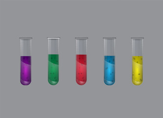 Set of multi-colored laboratory glass test tubes with liquid, vials, research, experiments, flask