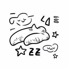 Sleep clouds with closed eyes doodle vector illustration featuring stars and zzz symbols in minimalist comic sketch style for restful dreaming concept design