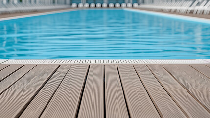 Obraz premium Swimming Pool Edge with Wooden Deck and Blue Water