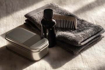 Beard grooming essentials product set with oil bottle, wooden comb, and aluminum tin on a dark grey towel, reflecting self-care and men's beauty routine concepts under natural light