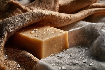 Natural soap bar resting on organic fabric with refreshing water drops, symbolizing hydration, cleanliness, and eco-friendly skincare for daily hygiene