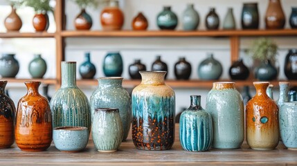 Artfully curated modern ceramic pottery collection on display shelves showcasing a variety of handcrafted vases bowls and other ceramic pieces in a neutral minimalist setting