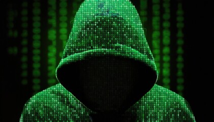 silhouette of hooded hacker made of binary code