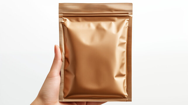 Hand holding a bronze-colored foil pouch mockup, a blank food package template on a white background with space for text and design. a mockup of a coffee or tea packaging, a mylar bag.