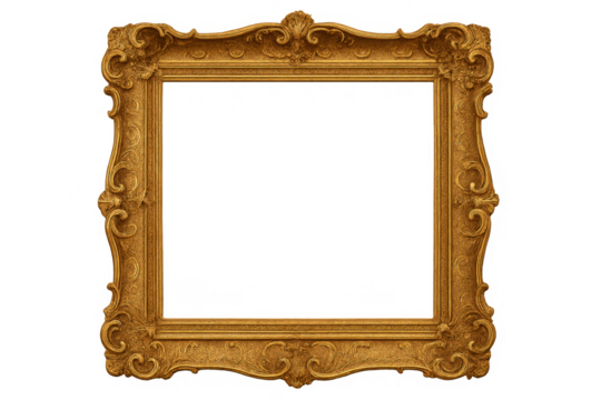Ornate antique gold picture frame with transparent background