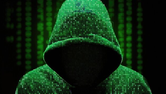 silhouette of hooded hacker made of binary code