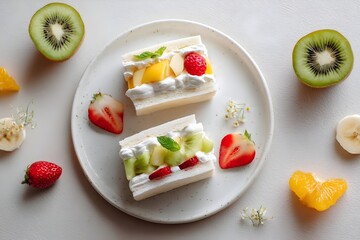 Japanese fruit sando with layers of kiwi, strawberry, mango and banana, whipped cream between soft shokupan slices, colorful plated dessert perfect for tea or brunch