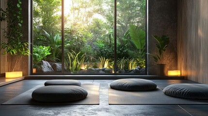 Tranquil and Serene Modern Yoga Studio Featuring Abundant Natural Light Minimalist Furnishings and Lush Indoor Greenery for a Rejuvenating Wellness Retreat