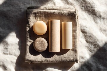 Eco-friendly solid shampoo bars and natural skin care products creating a zero waste beauty routine on a sustainable linen cloth in natural sunlight