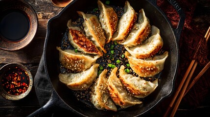 Pan-fried gyoza in a cast iron skillet, golden crispy edges topped with sesame seeds and green onions, served with soy sauce and chili oil on a dark wooden table