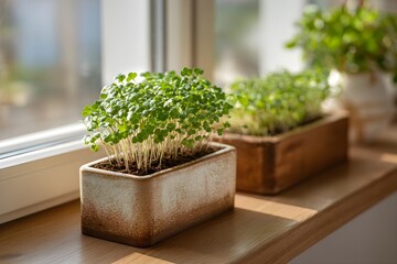 Microgreens thriving in pots on a wooden windowsill, receiving natural sunlight, representing fresh produce, home gardening, and healthy eating practices