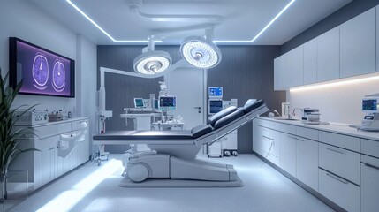 Cutting Edge Surgical Room with Advanced Medical Equipment and Modern Design   A sleek high tech medical environment showcasing the latest in surgical technology and efficient