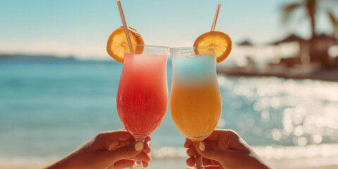 Two Tropical Cocktails Toasting on a Sunny Beach Vacation