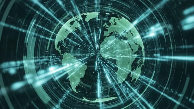 Modern spinning Earth globe animation with dynamic light streaks for futuristic global technology themes and cutting-edge news broadcasts