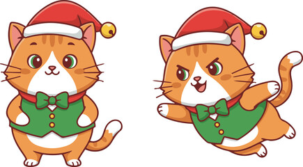 A cute cartoon vector illustration set of an orange and white cat wearing a Santa hat and green vest, depicted in two poses: standing smiling and jumping excitedly.