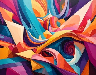 Colorful abstract painting with swirling shapes, triangular facets, and geometric forms blending together