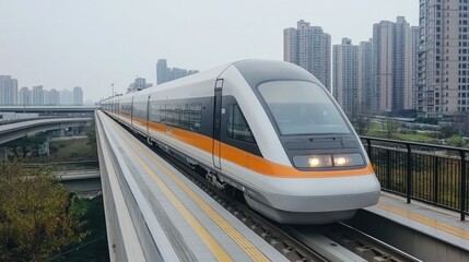 Naklejka premium Sleek modern high speed train gliding effortlessly through a bustling urban landscape showcasing the impressive infrastructure and technological advancements in public transportation