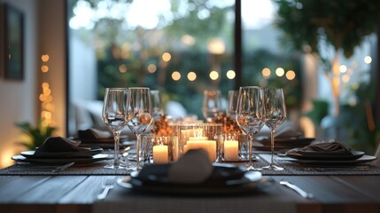 Elegant dining table set for an intimate dinner party with candles lit and ambient lighting creating a cozy and sophisticated atmosphere The table is laid with fine tableware stemware
