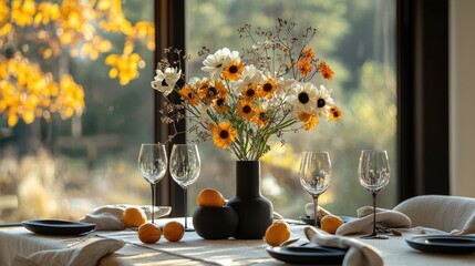 Cozy and inviting autumn inspired dining room setup featuring a modern table setting with a striking floral centerpiece rustic home decor and a scenic view through the window