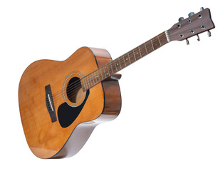 Classic acoustic guitar isolated on white with clipping path, showcasing its wood texture and clean craftsmanship perfect for music-themed content.