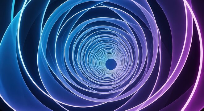Abstract neon swirl tunnel of light with blue and purple hues creating a mesmerizing futuristic vortex effect
