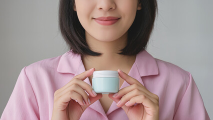 Closeup of woman holding cosmetic jar with blank lid in hands, mockup