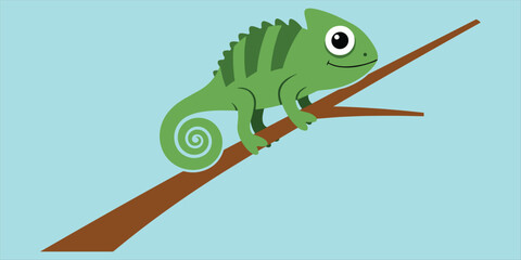 Cartoon chameleon, tree branch pose, green reptile, curled tail, expressive eyes, jungle animal, nature theme, flat vector illustration