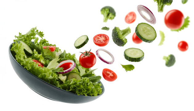 Fresh salad ingredients flying out of a bowl a vibrant and healthy meal in motion.
