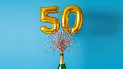 Golden foil balloons shaped like the number 50 float above a champagne bottle popping with confetti on a blue background
