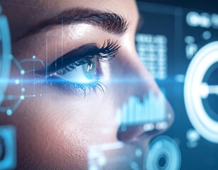 Close-up of a person's face with futuristic blue holographic data displays and charts overlaying their features