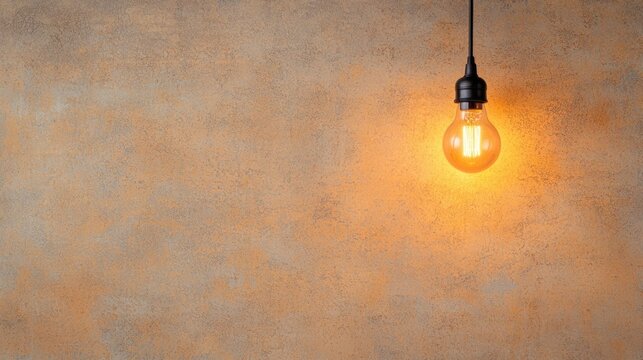 Vintage industrial style hanging lamp with a warm glowing filament bulb illuminating a neutral textured wall background with soft subtle shadows  The minimalist - Powered by Adobe
