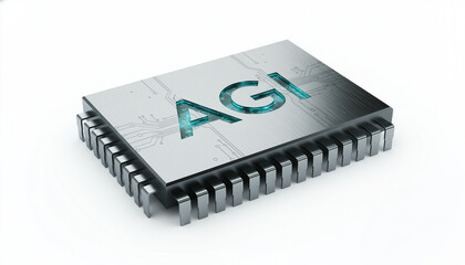 Ultra-Detailed Metallic AGI Microchip Isolated on Pure White Background