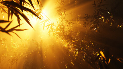 Ethereal Golden Sunbeams Piercing Misty Bamboo Grove at Dawn