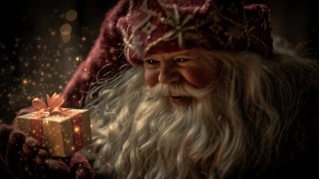 Santa for kids storybook, christmas, sweet storybook santa holding a tiny glowing gift, magical sparkles, soft fantasy tones, childlike wonder