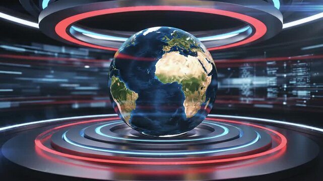 Dynamic earth globe spinning in a modern news studio backdrop, ideal for global business, technology, and international relations content - Powered by Adobe