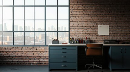 Organized and stylish industrial themed workspace with a large window overlooking an urban cityscape  The desk features minimalist drawers and storage for tools and equipment