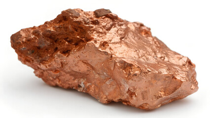 Raw chunk of native copper mineral ore isolated on white background showing its characteristic...