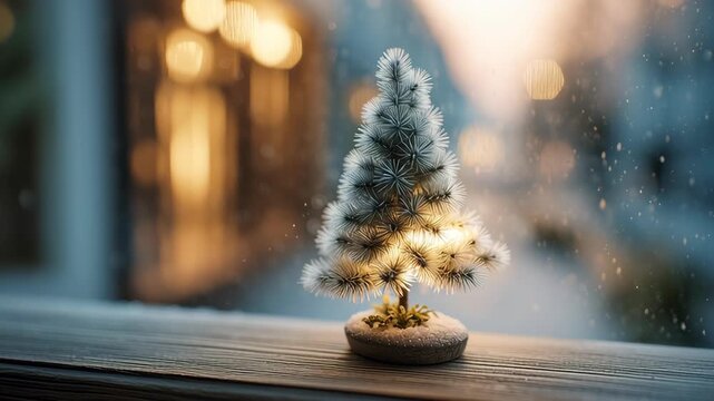 A small Christmas tree is lit up and sitting on a wooden table. Tiny desktop christmas tree, tiny desktop tree with gentle snowy texture, placed on a wooden surface, warm cozy interior glow