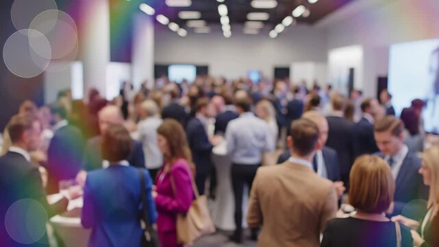 Blurred business conference with professional attendees networking in convention hall corridor. Corporate event gathering with crowd of delegates in formal attire. Trade exhibition atmosphere