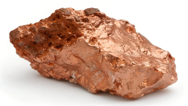 Raw chunk of native copper mineral ore isolated on white background showing its characteristic reddishbrown metallic luster and rough texture