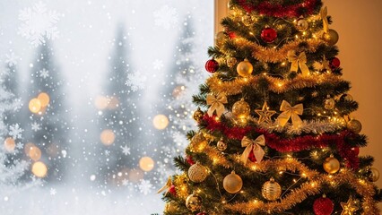 Decorated Christmas tree with lights and ornaments, with a snowy forest backdrop.