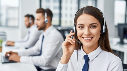 Smiling female customer service representative with headset, assisting customers in a call center.