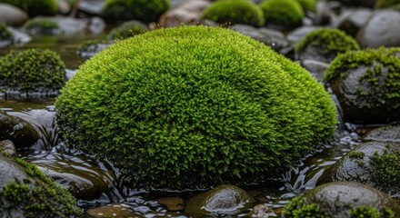 Lush Green Moss Ball in a Rocky Stream - A Natural Wonder.