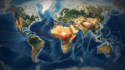 A world map with colors and subtle shading, showcasing trade lines as bold, dashed lines major points such as international borders, economic hubs, and strategic ports