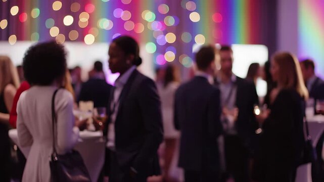 Blurred corporate event with professional attendees networking at elegant reception with festive bokeh lights. Business conference gathering or gala celebration with crowd mingling at formal function.