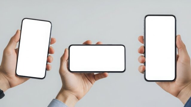 Three hands holding smartphones with blank screens in different orientations against a neutral background. - Powered by Adobe