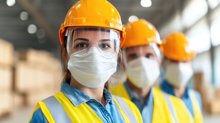 Group of diverse workers wearing safety helmets masks and uniforms at an industrial manufacturing or construction site showcasing teamwork and professions in the industrial sector
