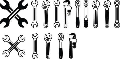 Black and White Vector Wrench Tool Icons and Outlined Hand Tools for Mechanical, Industrial, and Repair Design Projects