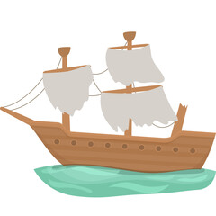 Wooden Pirate Ship Sailing on Turquoise Water Under White Sky with Tattered Sails and Masts